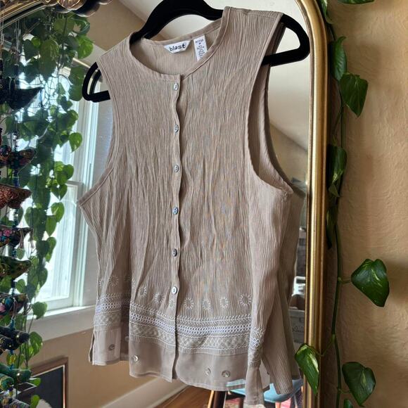 Vintage Blast Beige Button Down Tank Medium Natural Bohemian - Picture 2 of 6